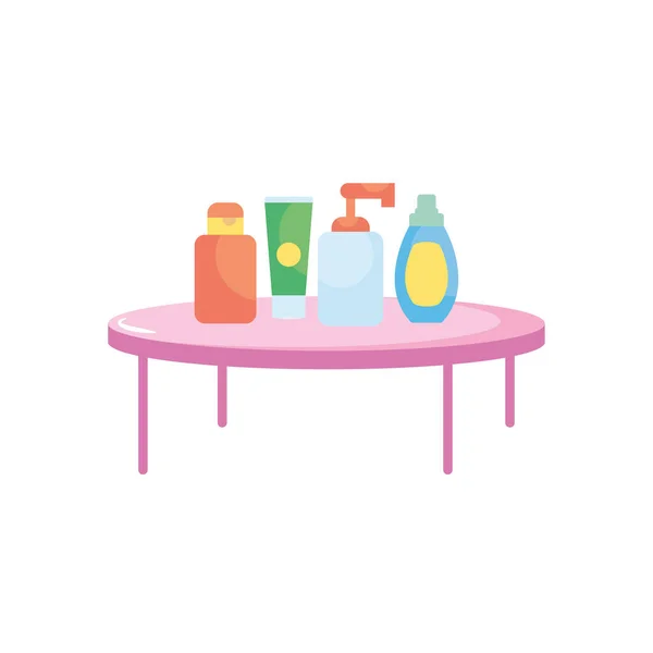 Tisch mit Kosmetikflaschenröhrchen und Lotion — Stockvektor
