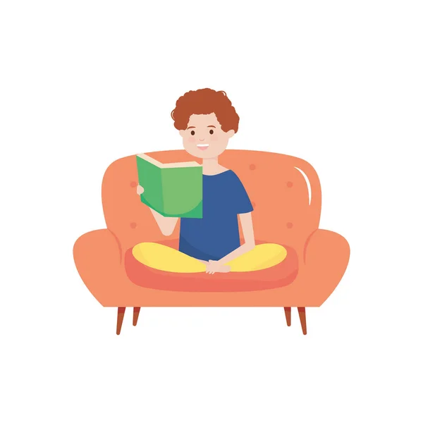 Człowiek z kreskówek czytanie książki siedzi na meble krzesła — Wektor stockowy