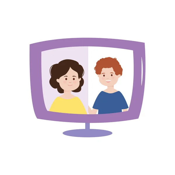 Pareja en la computadora de la pantalla de videollamada, actividad interior — Vector de stock