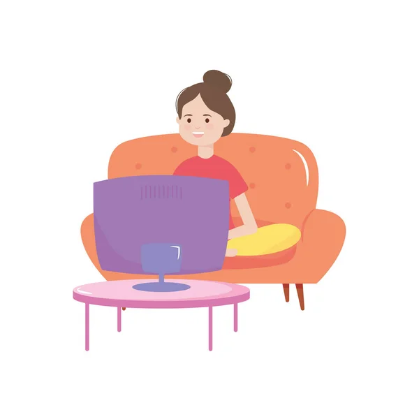 Donna seduta sulla sedia cerca tv, attività indoor — Vettoriale Stock