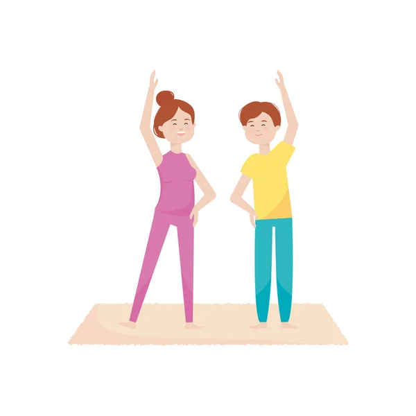 Mladý pár společně cvičí jógu, aktivita uvnitř — Stockový vektor