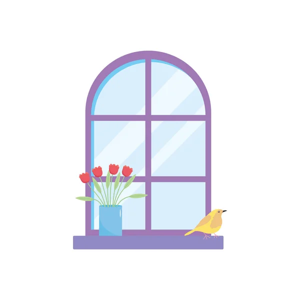 Fönster exteriör med fågel och blommor — Stock vektor