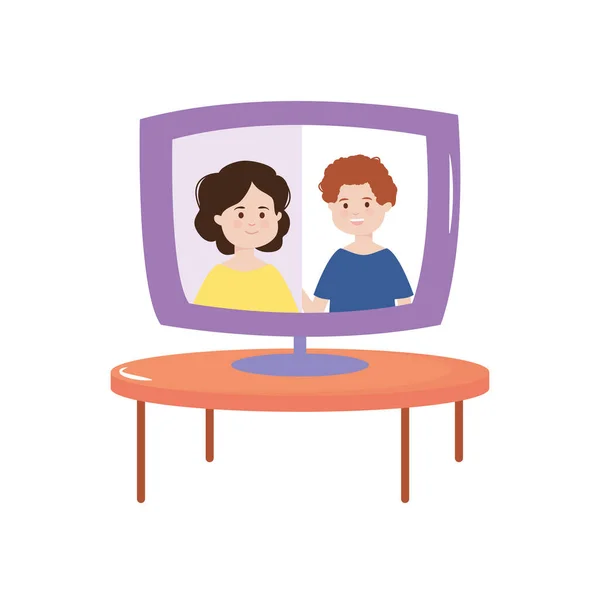Couple en ordinateur vidéo sur l'activité de la table ronde à l'intérieur — Image vectorielle
