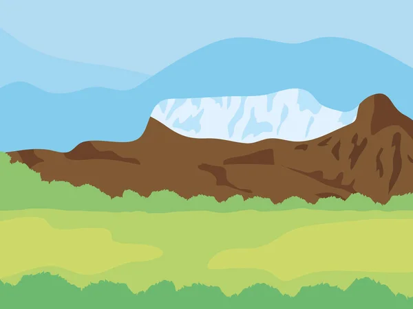 Besneeuwde bergen en bruine rotsen landschap, kleurrijk ontwerp — Stockvector