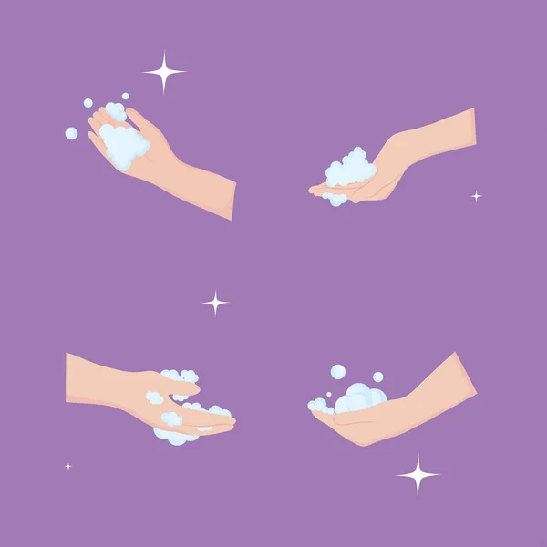 Παγκόσμια ημέρα πλύσιμο στο χέρι, τα χέρια με φυσαλίδες πλύσιμο εικονίδια μωβ φόντο — Διανυσματικό Αρχείο