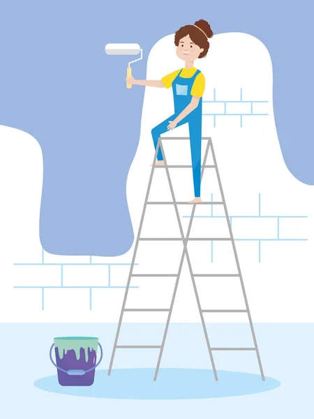 Junge Frau auf Leiter Wandfarbe mit Rolle und Eimer Umbau — Stockvektor