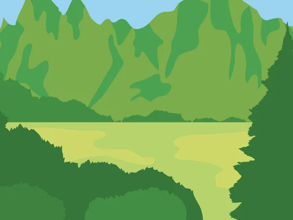 Paisaje verde con montañas, árboles y campo — Vector de stock