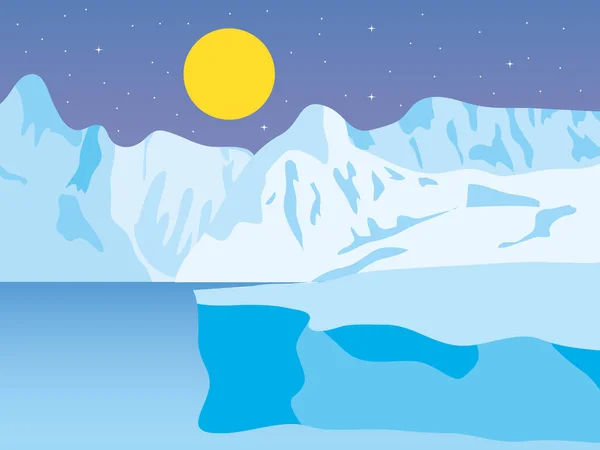 Desenho animado natureza inverno ártico noite paisagem com icebergs — Vetor de Stock