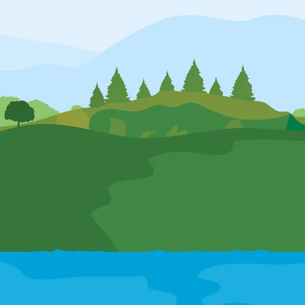 Montagne lago e valle con pini, design colorato — Vettoriale Stock