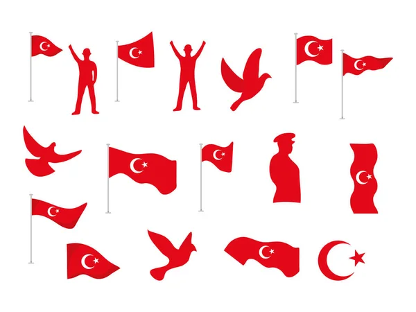 29 ekim Cumhuriyet Bayrami kutlu olsun, día de la república del pavo, establecer iconos silueta roja personas banderas pájaro luna estrella — Archivo Imágenes Vectoriales