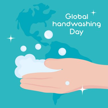 küresel el yıkama günü, köpük ve harita arkaplanlı farkındalık kartı
