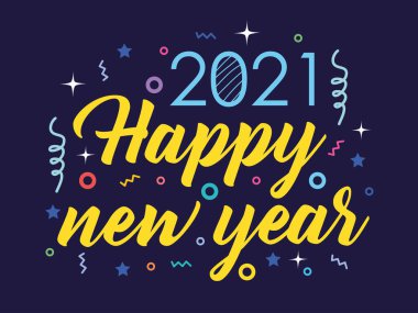 2021 mutlu yıllar, el çizimi yazı tipi ve memphis geometrik karanlık arkaplan