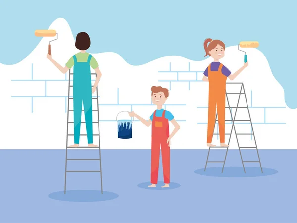 Άνδρες και μια γυναίκα με φόρμες βάφουν τον τοίχο με κυλίνδρους αναδιαμόρφωση — Διανυσματικό Αρχείο
