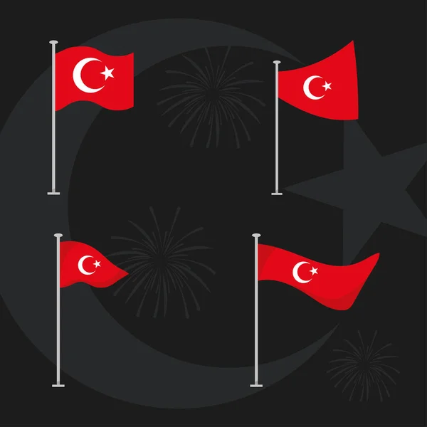 29 ekim Cumhuriyet Bayrami kutlu olsun, banderas en polo nacional en fuegos artificiales oscuro fondo pavo república día — Vector de stock