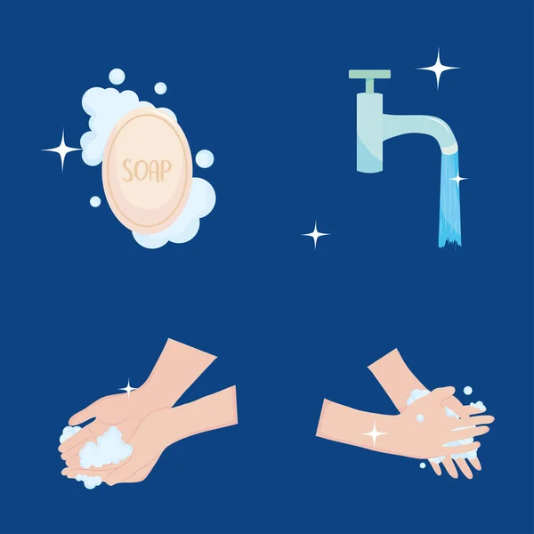 Día mundial de lavado de manos, jabón de lavado de manos y grifo con agua — Vector de stock