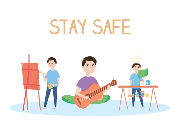 Stare al sicuro, persone che dipingono, suonare musica e leggere durante la covid 19 quarantena — Vettoriale Stock