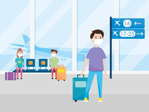Flygplats ny normal, personer med masker och resväska väntar flygning, hålla sociala avstånd — Stock vektor