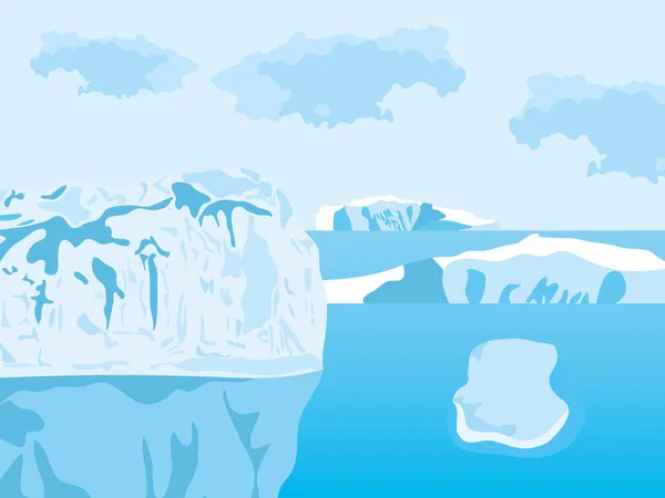 Paisaje de hielo ártico de dibujos animados con icebergs escena al aire libre — Archivo Imágenes Vectoriales