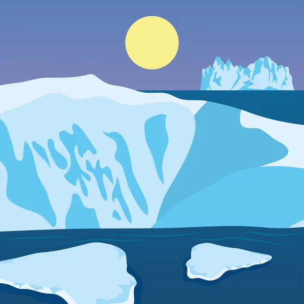 Ilustración vectorial de dibujos animados naturaleza invierno Ártico noche paisaje con icebergs — Vector de stock