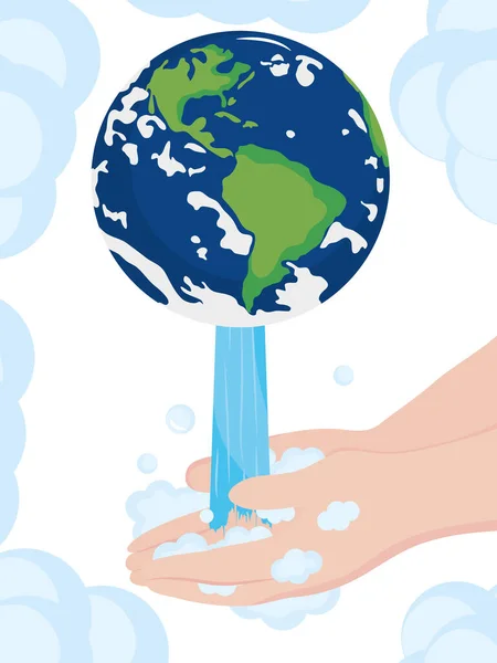 Глобальный день мытья рук, планета с падающей водой на руках — стоковый вектор