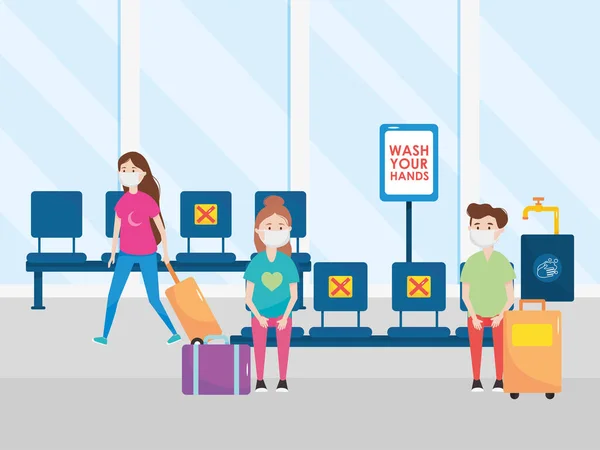 Flygplats nya normala, resenärer med masker resväskor, hålla sociala avstånd och tvätta händerna — Stock vektor