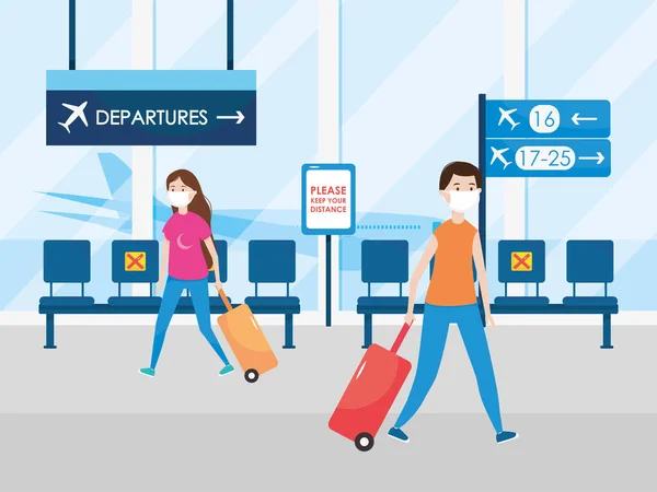 Flygplats ny normal, passagerare med masker och resväska hålla fysiskt avstånd — Stock vektor