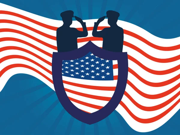 Gelukkige veteranen dag, silhouet soldaten schild met Amerikaanse vlag — Stockvector