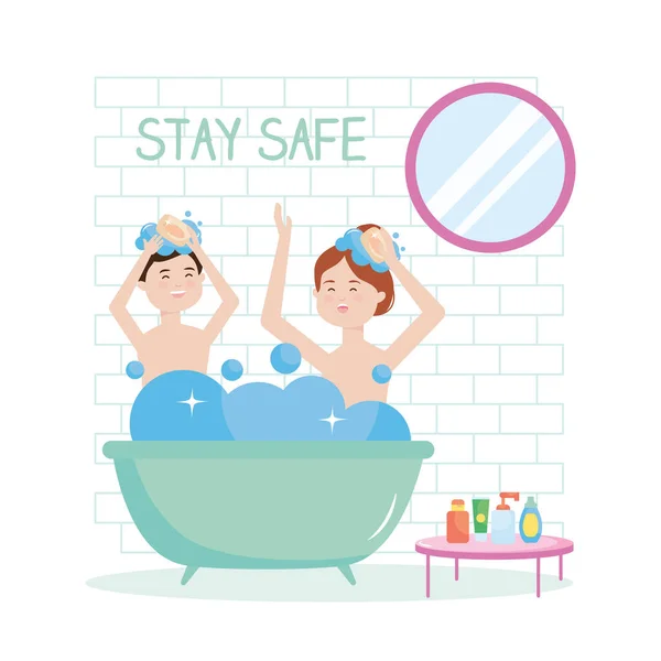 Blijf veilig, gelukkig stel baden, tijdens covid 19 quarantaine — Stockvector