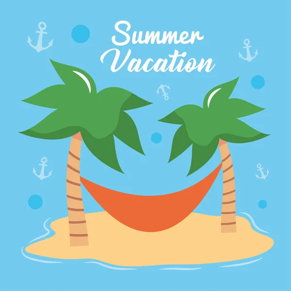 Viagem de férias de verão, palmeiras de praia e rede — Vetor de Stock