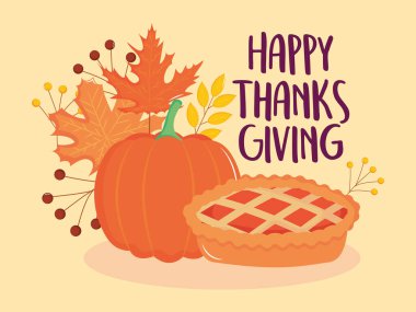 Kuru yapraklar, balkabağı ve elmalı turta ile mutlu şükran günü tasarımı