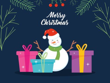 Çizgi film kardan adam ve hediye kutularıyla Mutlu Noeller tasarımı