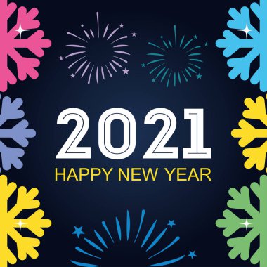 2021 mutlu yeni yıl metin renkli havai fişekler ve kar taneleri