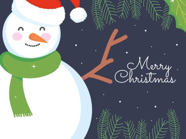 Kardan adam ve dekoratif yeşil yaprakları olan mutlu noel tasarımı.