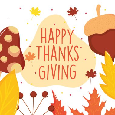 Dekoratif mantarlı ve kuru yapraklı mutlu şükran günü tasarımı