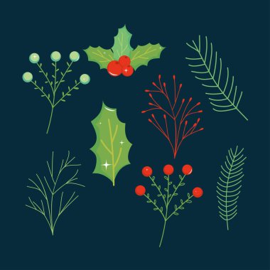 Mutlu noel yaprakları simgesi seti