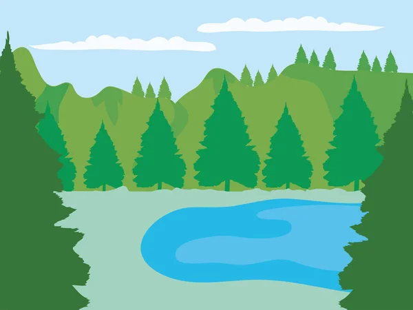 Bosque con pinos y paisaje del lago, diseño colorido — Archivo Imágenes Vectoriales
