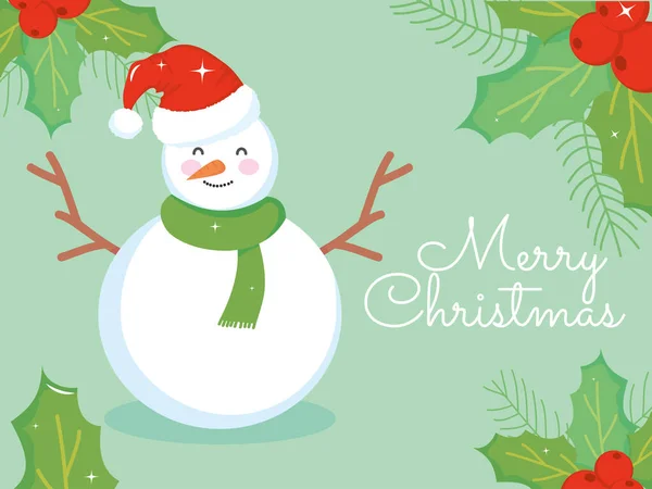 С Рождеством дизайн с милым снеговиком и декоративные омелы вокруг — стоковый вектор