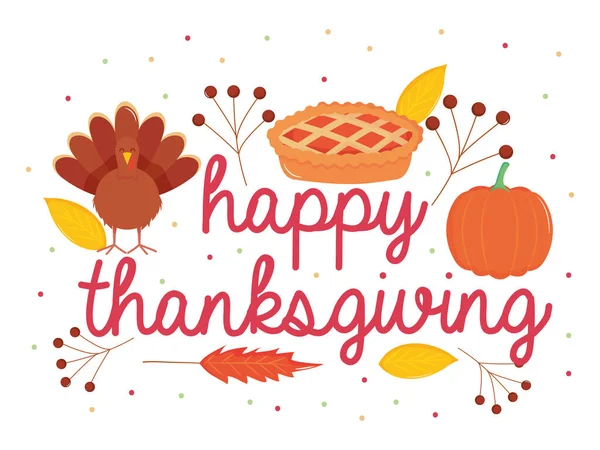 Happy Thanksgiving Design mit Cartoon Truthahn, Apfelkuchen und Kürbis mit dekorativen trockenen Blättern — Stockvektor