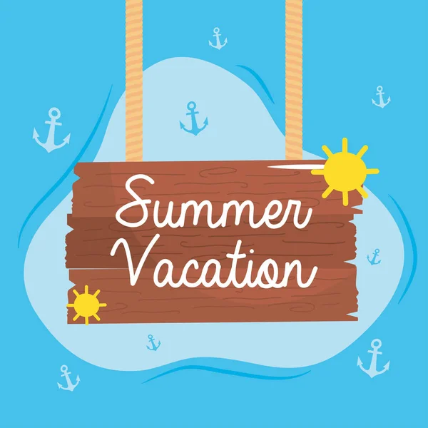 Voyage de vacances d'été, panneau d'affichage suspendu en bois, fond bleu ancre — Image vectorielle
