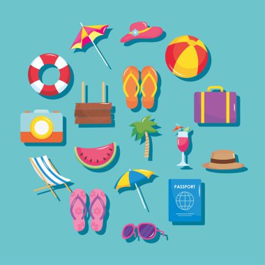 Yaz tatili seyahati, set simgeleri bavul palmiye kokteyli pasaport güneş gözlüğü şapkası ve daha fazlası.