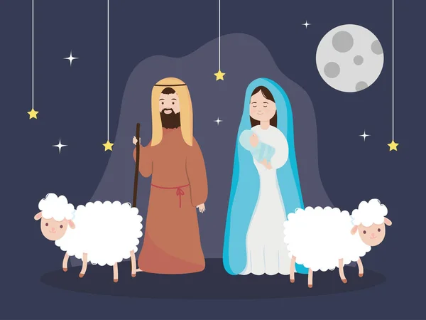 Pesebre, pesebre bebé Jesús ovejas y estrellas colgantes — Vector de stock