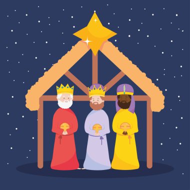 İsa 'nın doğuşu, yemlik üç bilge kralın yıldızlı ahırdaki karakterleri
