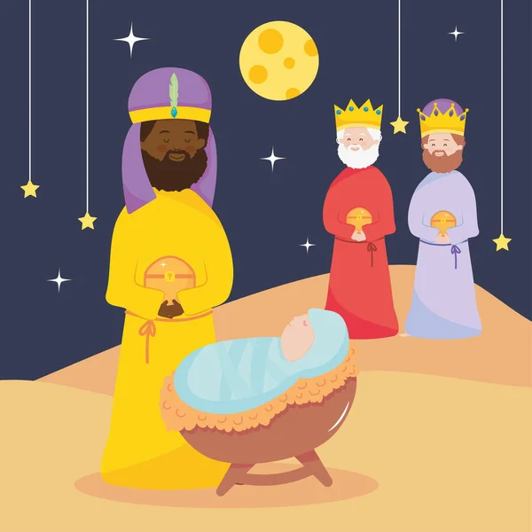 Рождество, яслях младенец Иисус и три мудрых короля с подарками в ночи — стоковый вектор