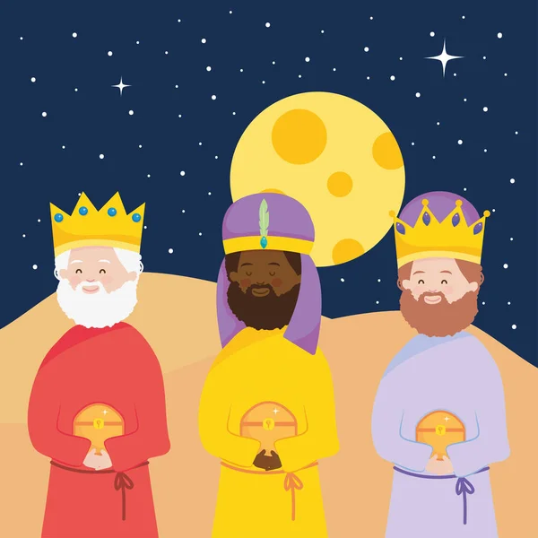 Krippe, Krippenfiguren weise Könige mit Geschenk Christi Geburt — Stockvektor