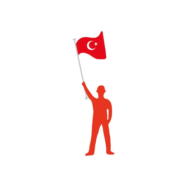 Силует солдат тримає прапор Туреччини, плоский стиль — стоковий вектор