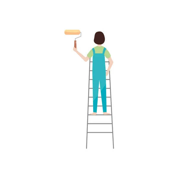Vista trasera de la mujer de dibujos animados en una escalera sosteniendo un rodillo de pintura, estilo plano — Archivo Imágenes Vectoriales