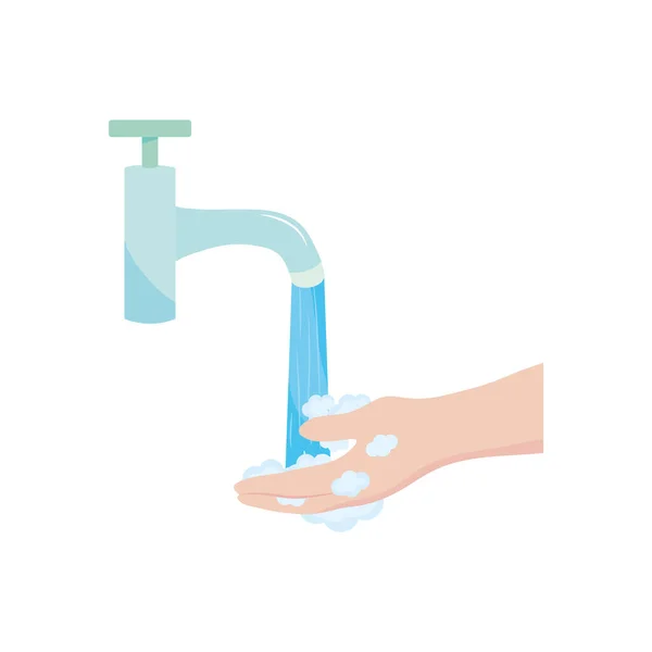 Water faucet with water falling and hands washing, flat style — Stock Vector