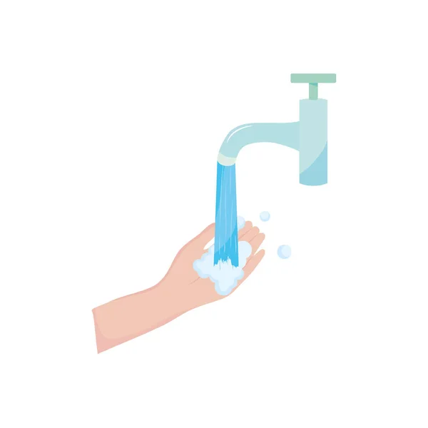 Faucet with water falling and hand washing, flat style — Stock Vector