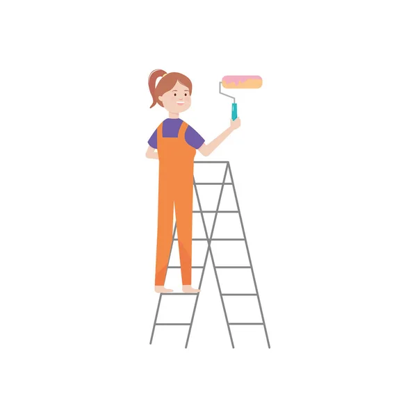 Cartoon-Frau auf einer Trittleiter mit Farbwalze, flacher Stil — Stockvektor