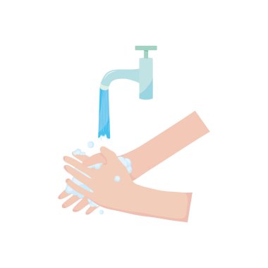 Su musluğunun simgesi. Düşen su ve el yıkama. Düz stil.